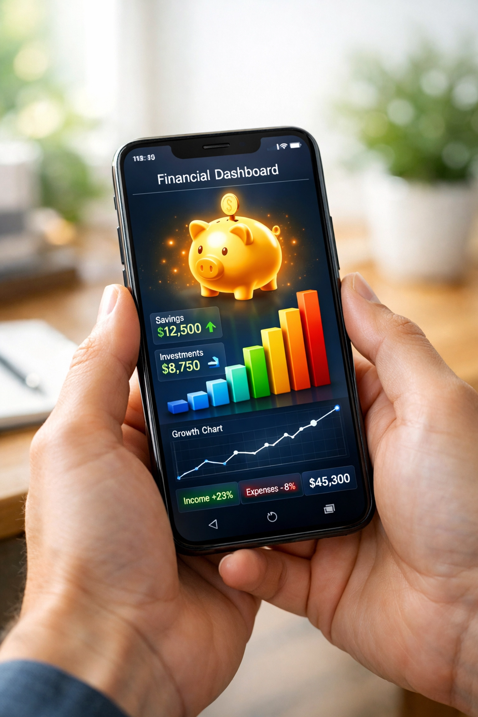 Smartphone displaying a financial dashboard to track passive income and progress toward freedom.