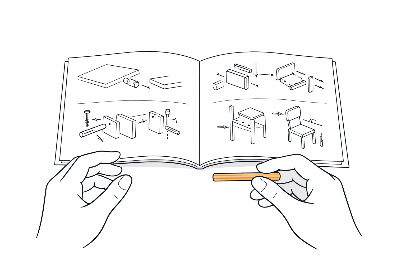 Hands following furniture assembly instructions from a manual to avoid common IKEA mistakes.