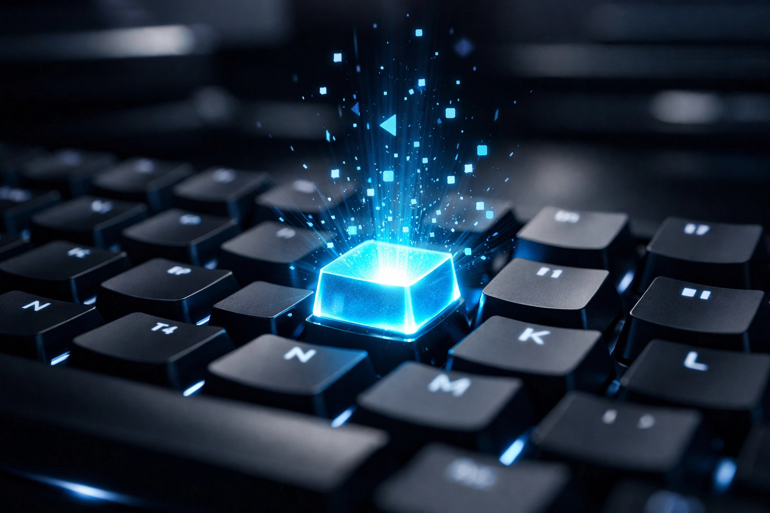 Eine moderne Tastatur mit einer blau leuchtenden Prompt-Taste für effizientes Prompt Engineering im Büroalltag.
