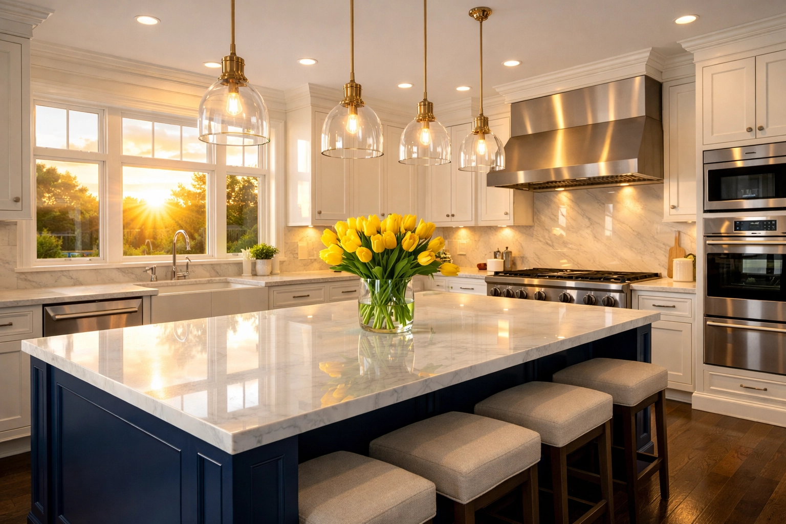 Spotless luxury kitchen in Wellesley MA showing the pristine results of professional weekly house cleaning.