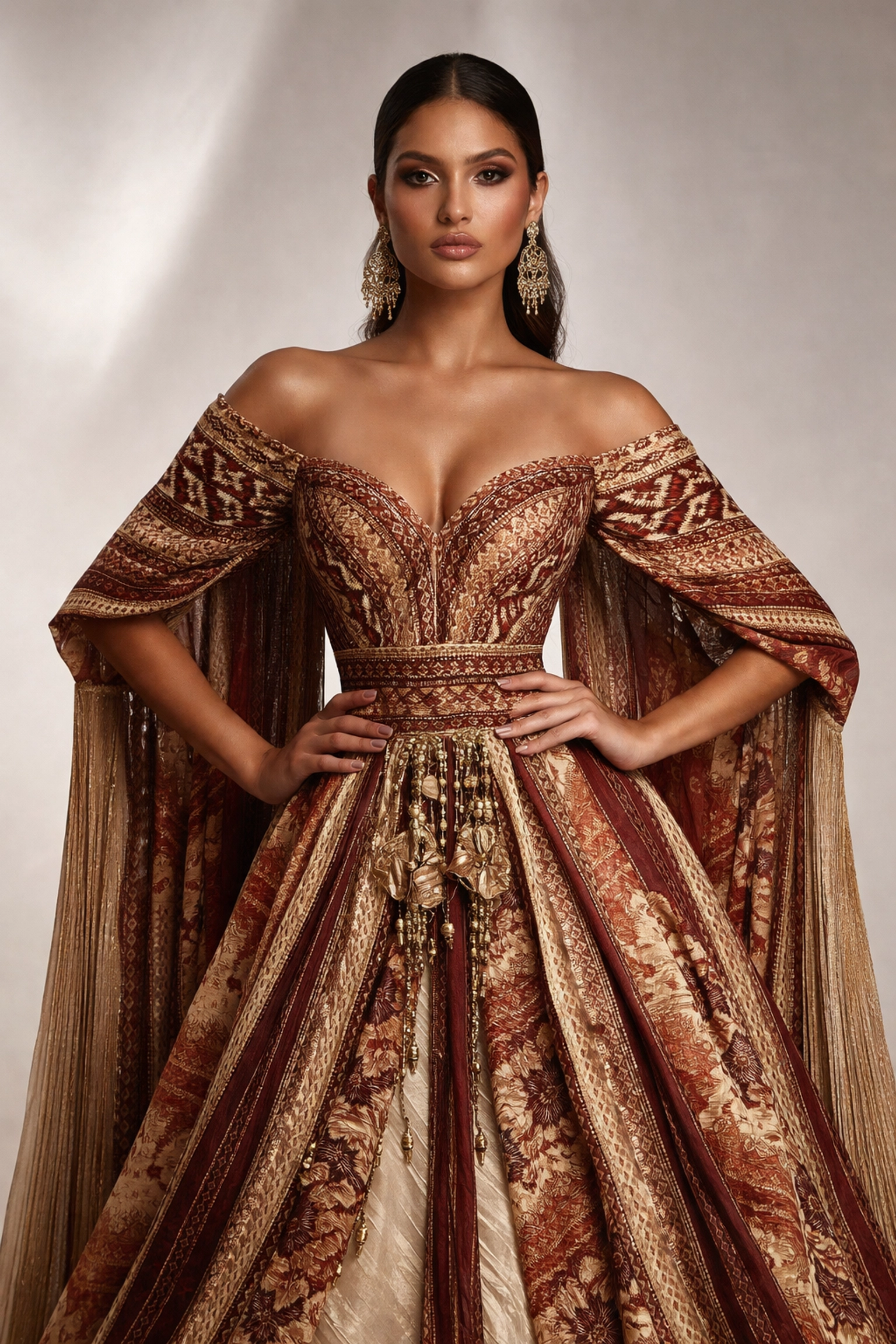 Latina model in haute couture gown by Jorge Luis Salinas, showcasing Peruvian textile heritage and modern fashion innovation