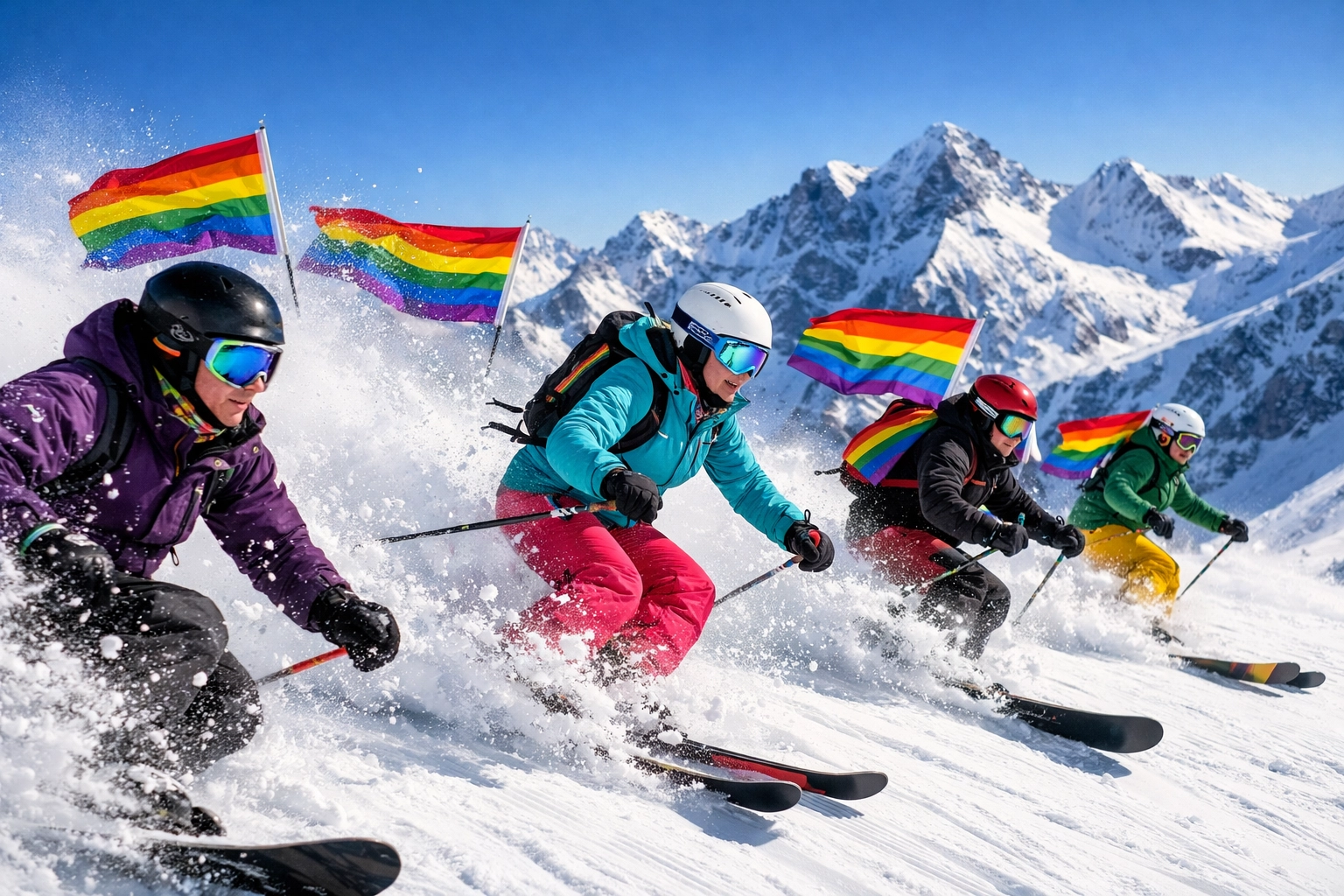 LGBTQ+ skiers with pride flags racing down alpine slopes at winter pride festival