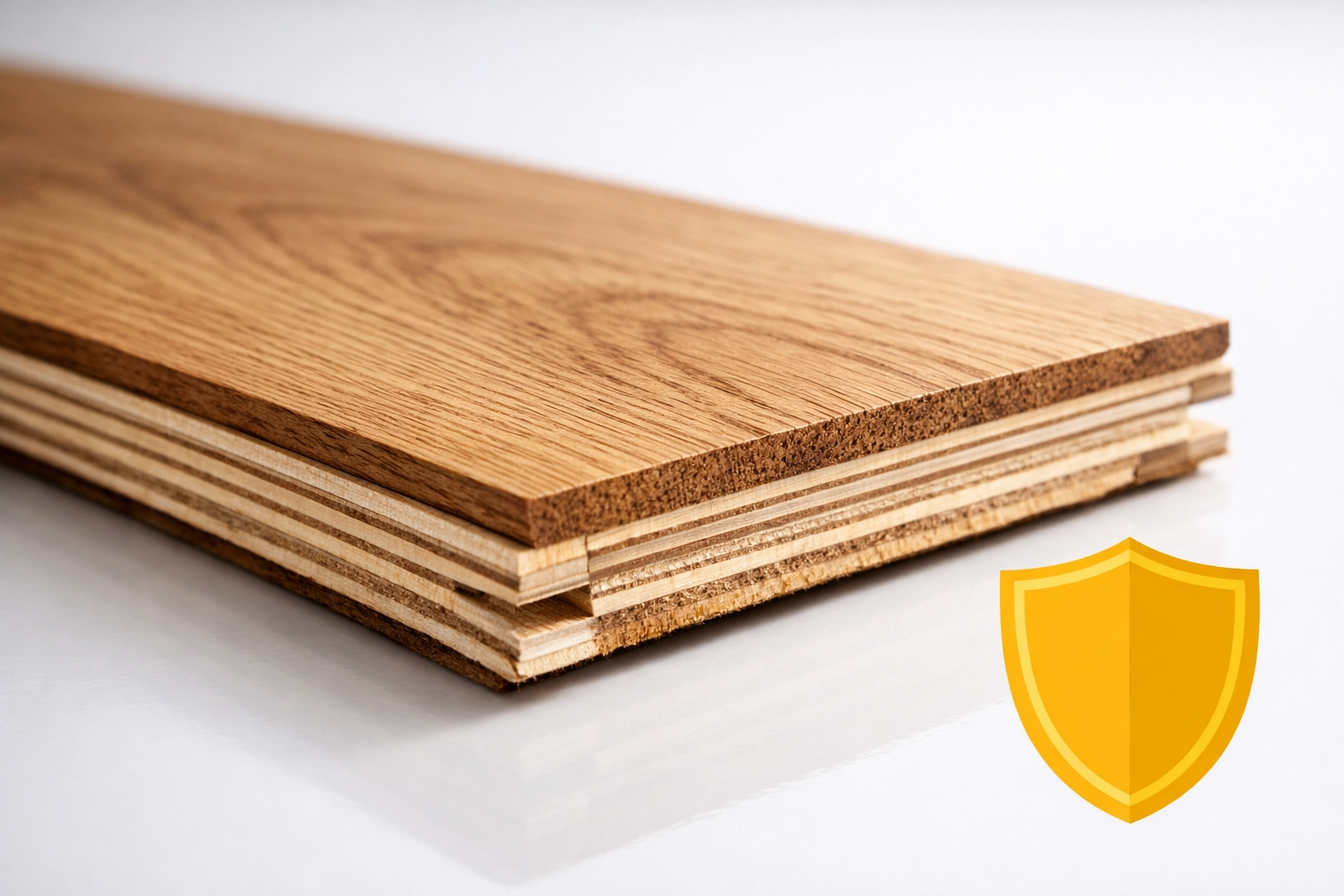 Cross-section of engineered hardwood flooring showing stable construction for Chicago winters.