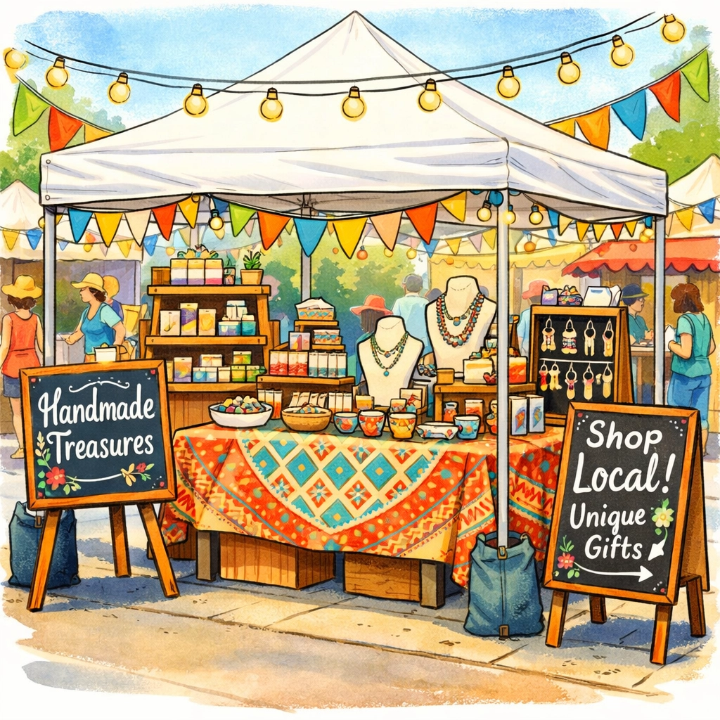 Professional vendor booth setup at street fair with tent, displays, and signage