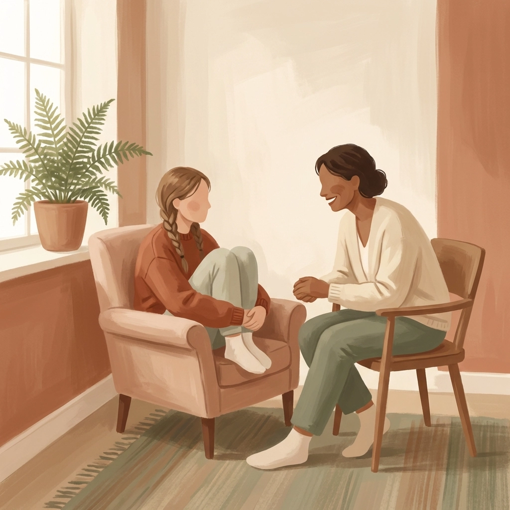 A young Black woman and her psychiatrist connect in a comfortable Maryland therapy office, reflecting culturally responsive care.