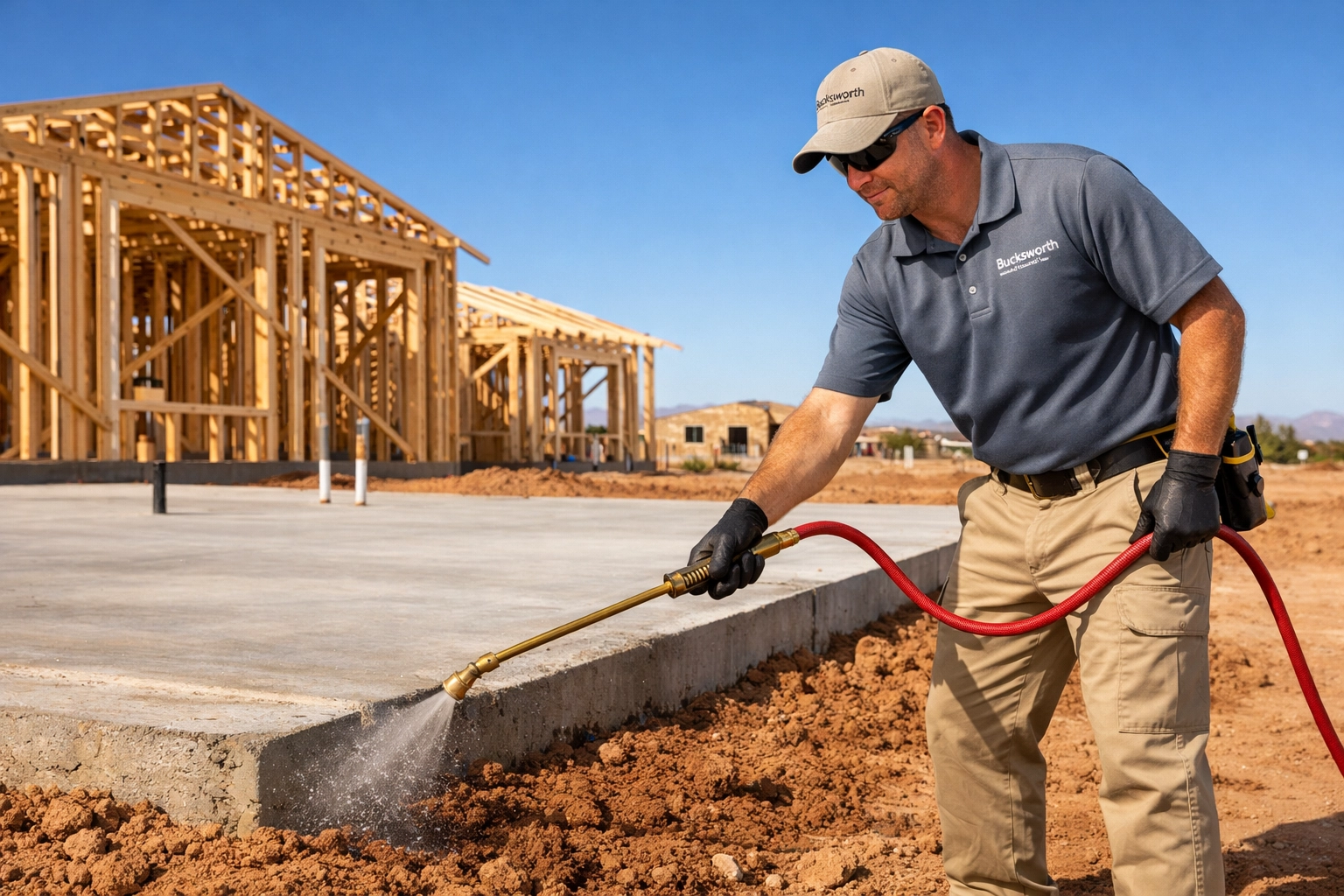 Bucksworth technician performing termite pre-treatment at a new home construction site in Chandler, AZ.