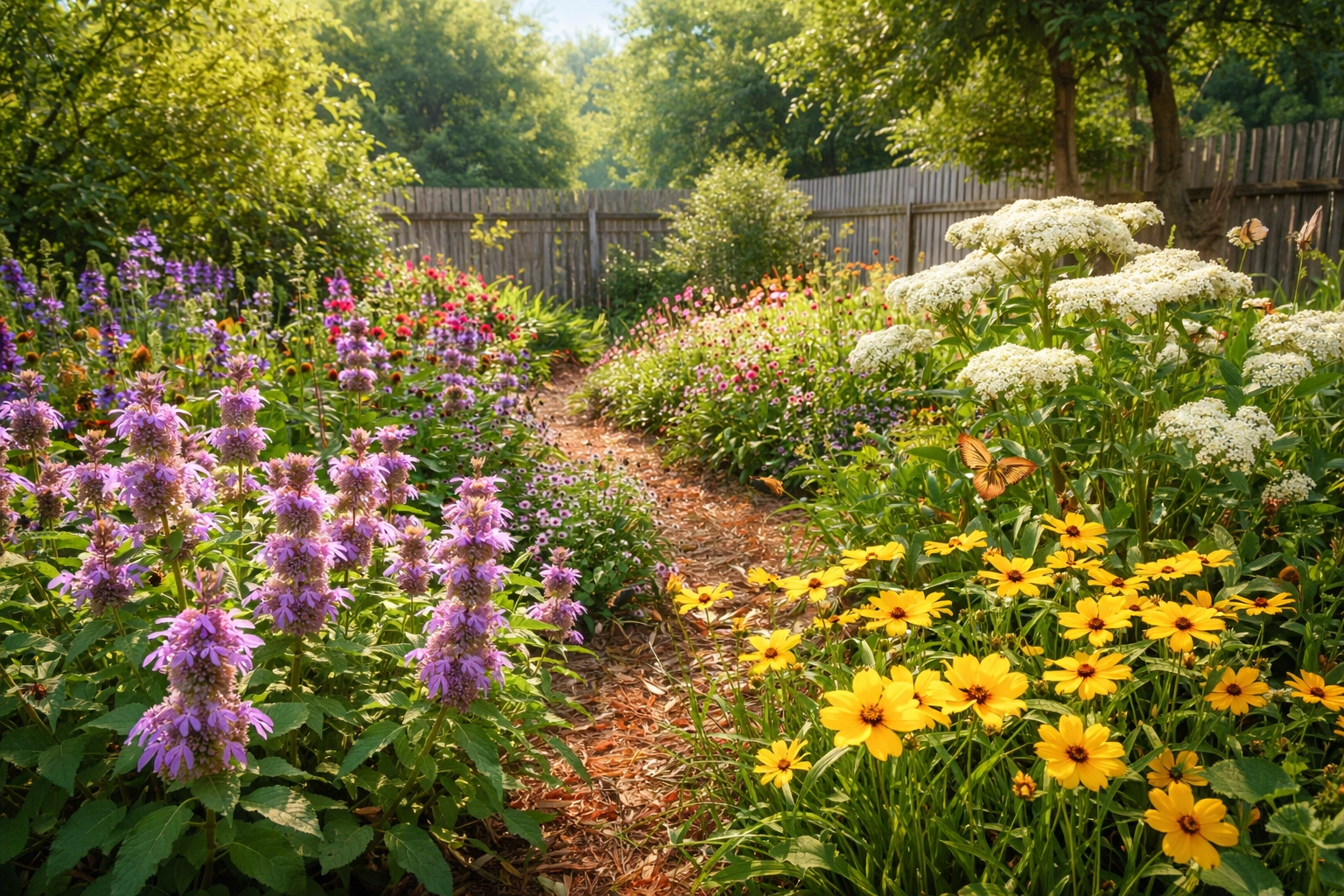 Lush Florida backyard with native wildflowers and active pollinators, ideal for producing the best honey in Florida.