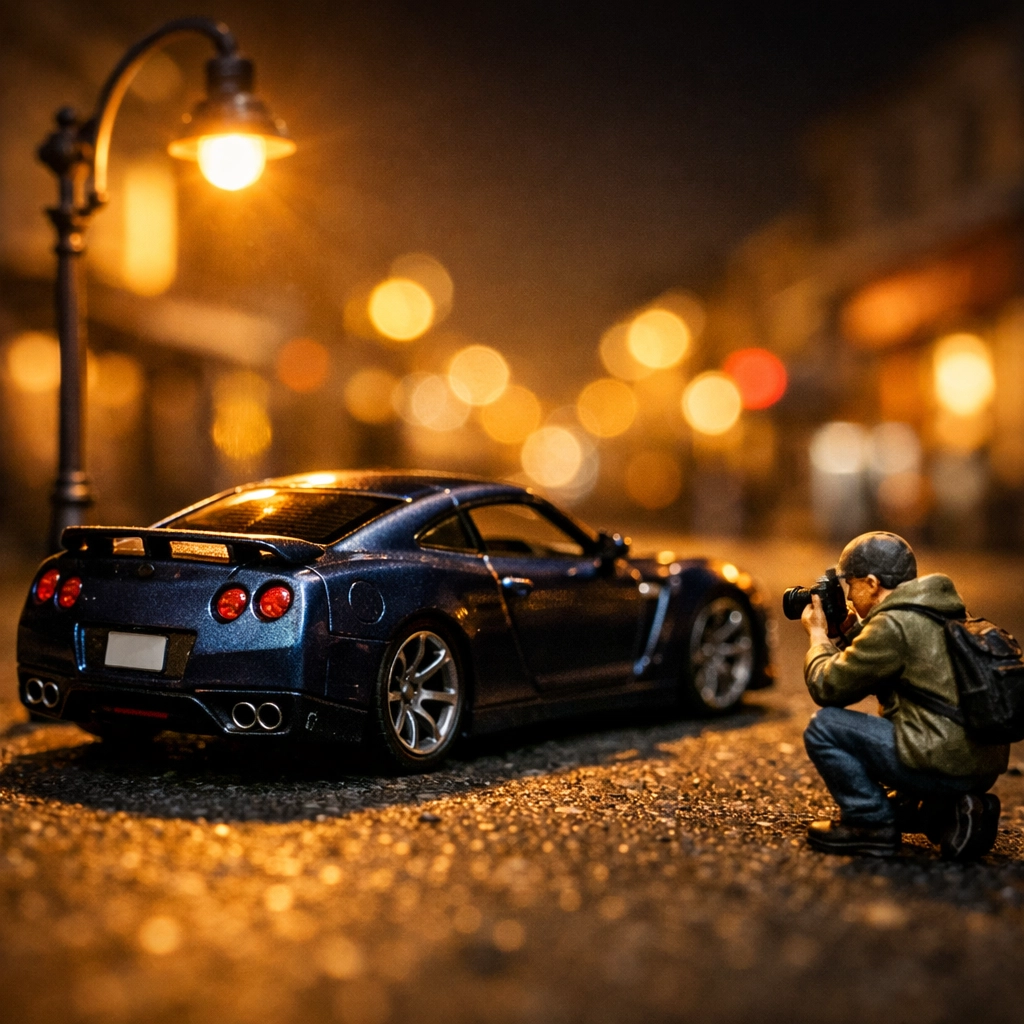 Realistic 1/64 scale photographer figure posing next to a blue diecast car for a high-quality diorama scene.