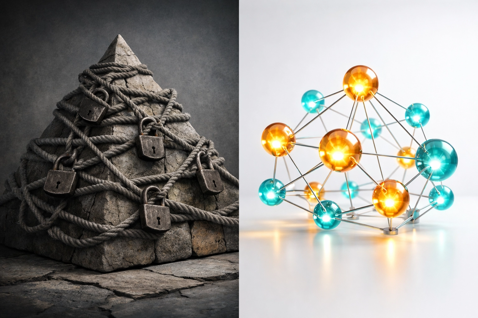 Bureaucratic pyramid versus connected team network showing operational efficiency at scale