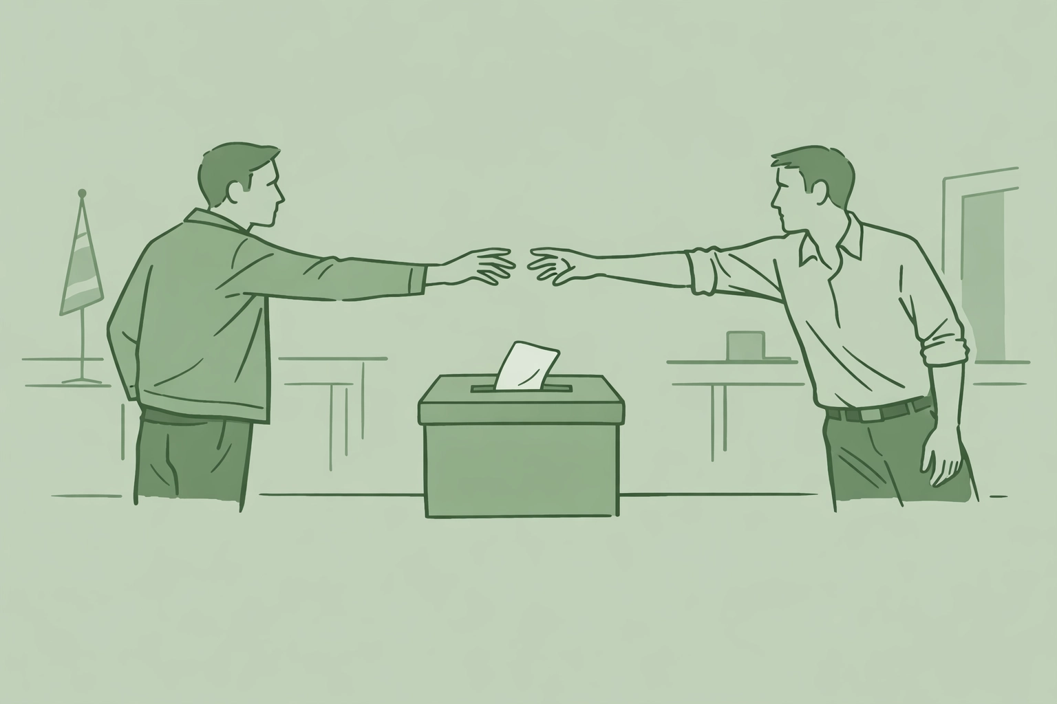 Two men reaching across ballot box showing divide in MM romance political corruption story