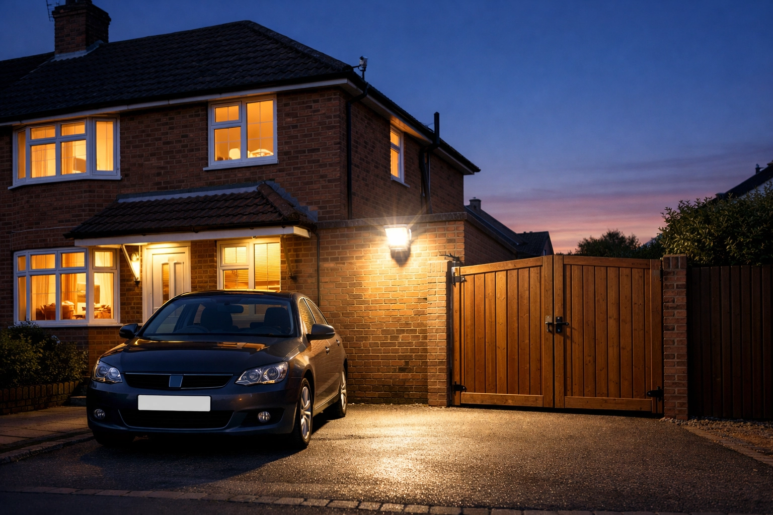 Motion-activated security light illuminating a driveway and side gate of a safe UK home at night for deterrent.