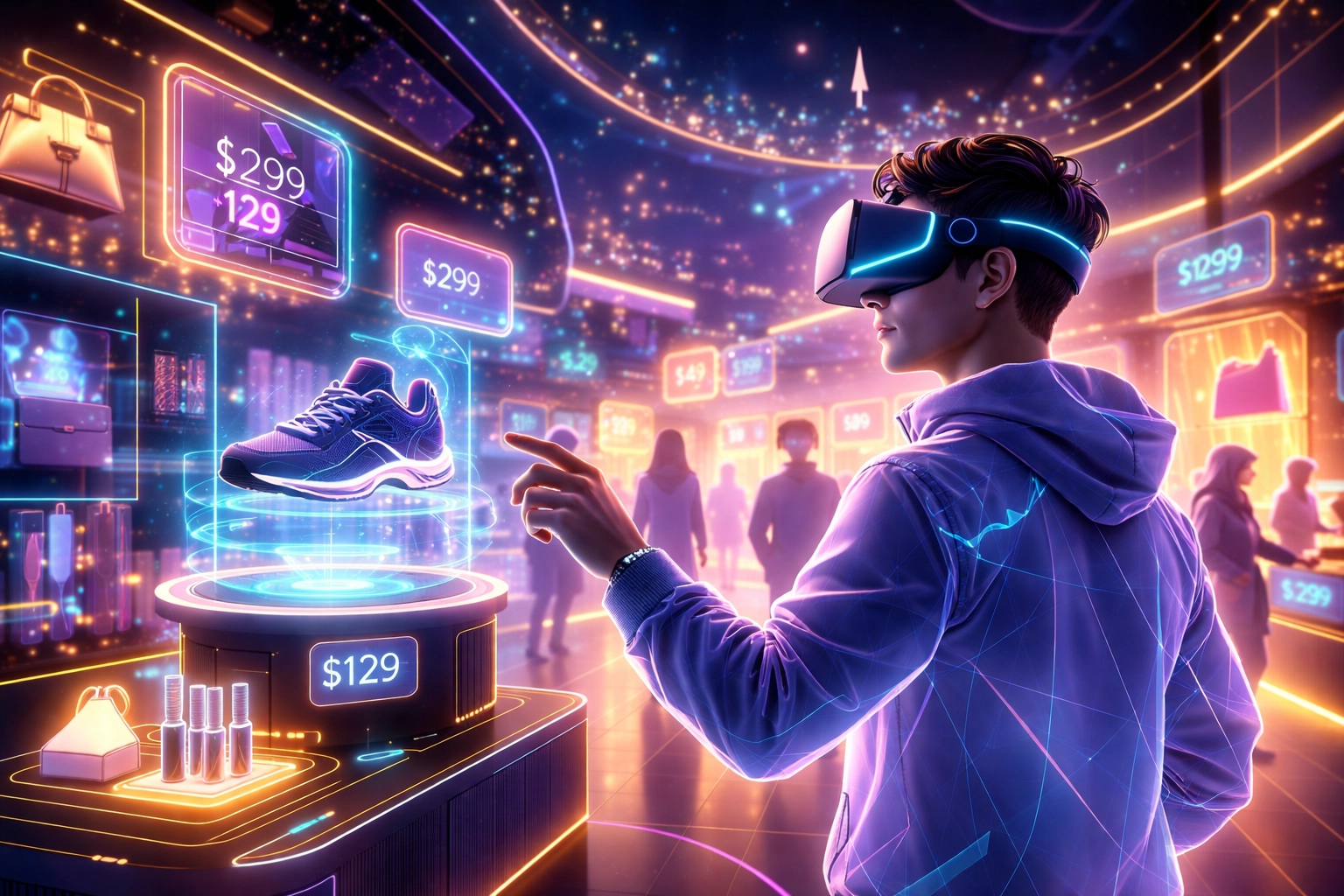 Virtual reality shopper browsing futuristic storefront, highlighting immersive metaverse shopping experience