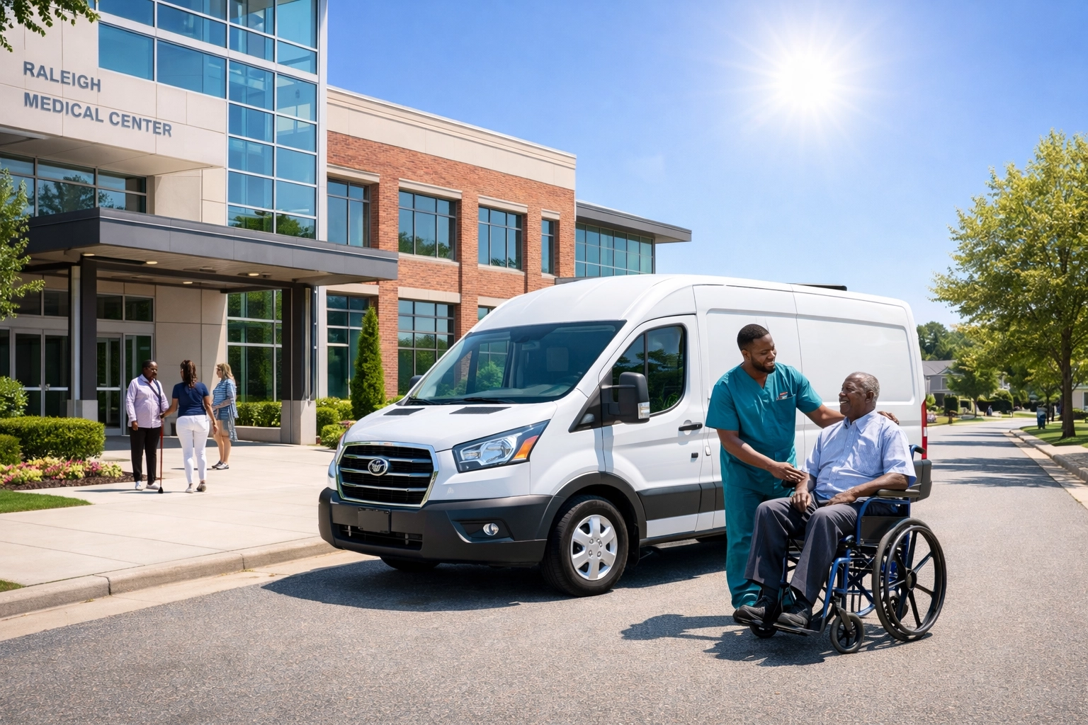 A modern white non emergency medical transportation van parked near a medical facility in Raleigh NC.