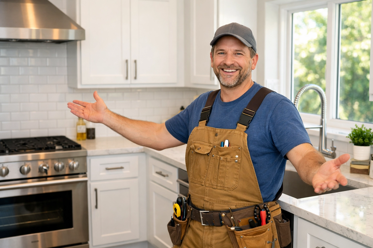Contractor showcasing completed kitchen renovation work for before and after social media content