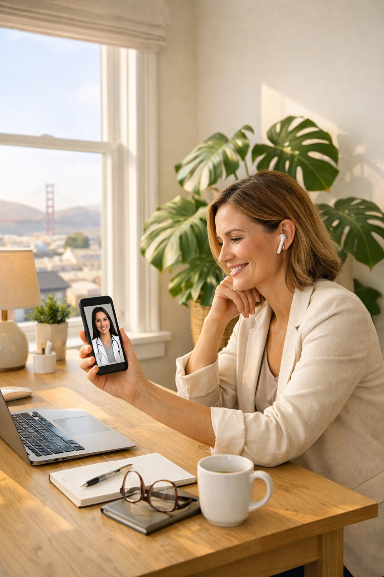 A California resident using telehealth for a convenient online weight loss medical consultation.