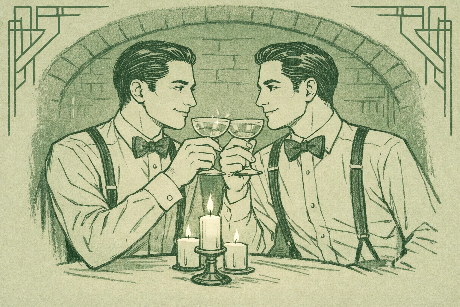 Two men toast with champagne in a 1920s underground gay speakeasy during Prohibition era