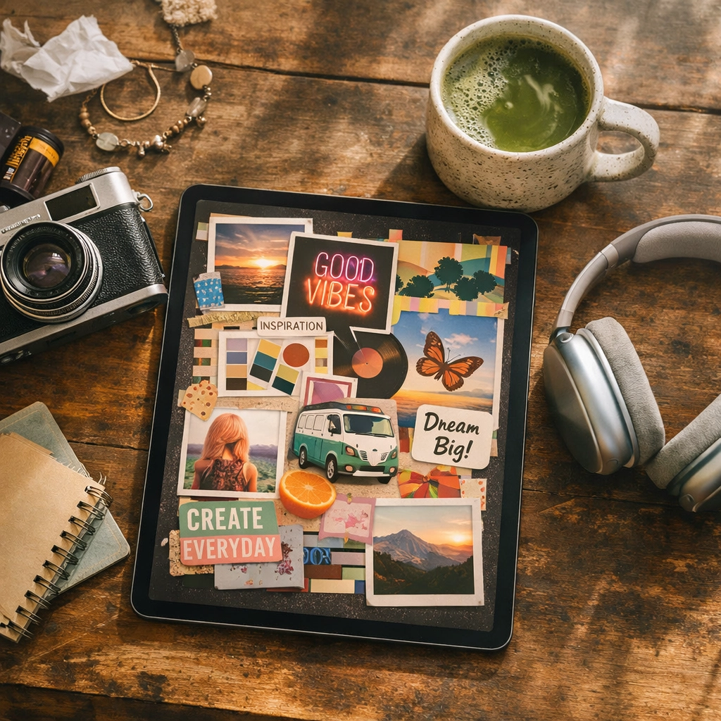 A Gen Z aesthetic workspace flat lay featuring a tablet mood board for authentic Pinterest visual discovery.
