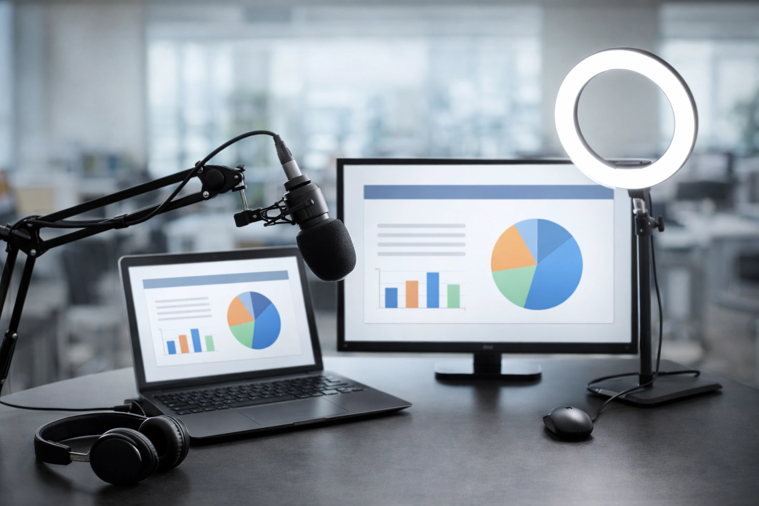 Simon Leung professional webinar presentation setup with microphone and lighting (no people)