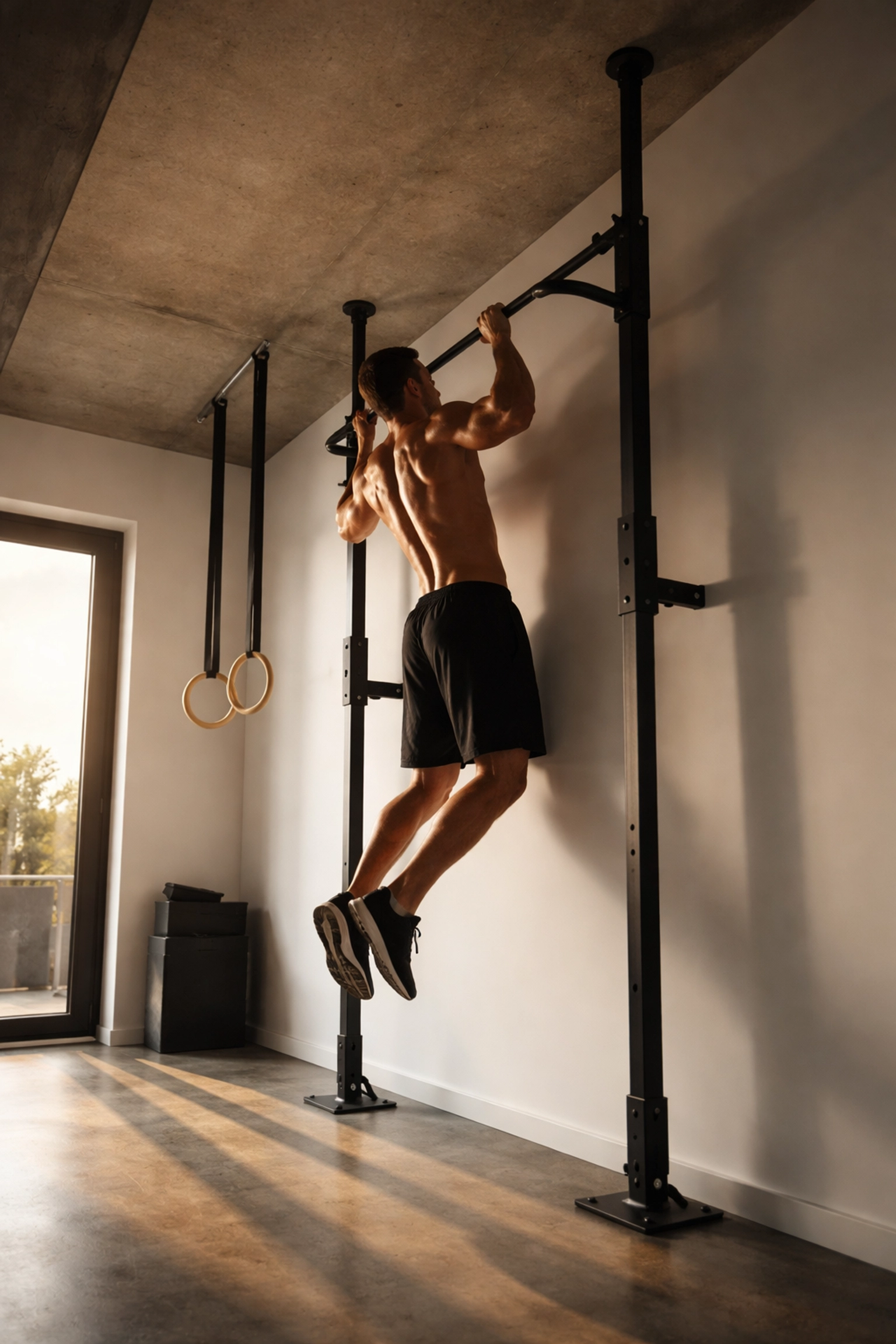 Athlete performing pull-ups on a floor-to-ceiling fitness rail gym in a stylish apartment, showcasing rental-friendly home gym equipment