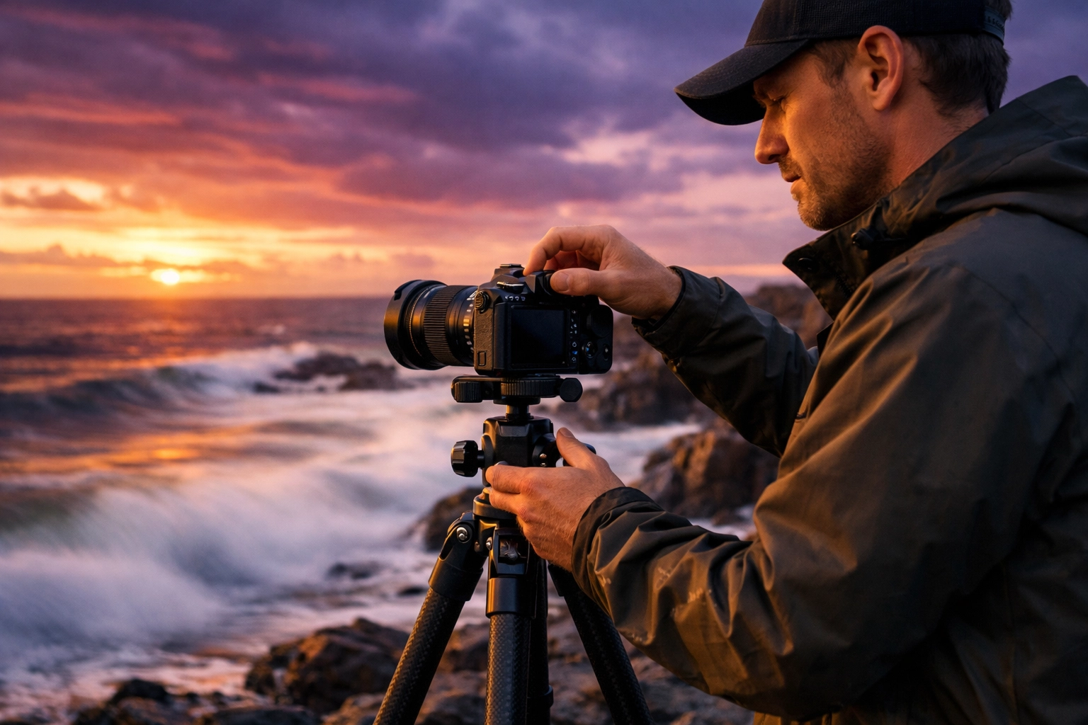 A photographer adjusting manual mode settings on a mirrorless camera during a professional sunset shoot.
