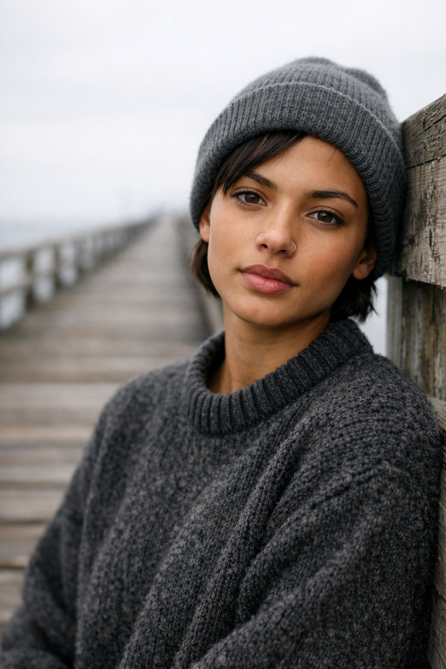 Outdoor portrait using leading lines on a wooden pier, an essential portrait photography technique.