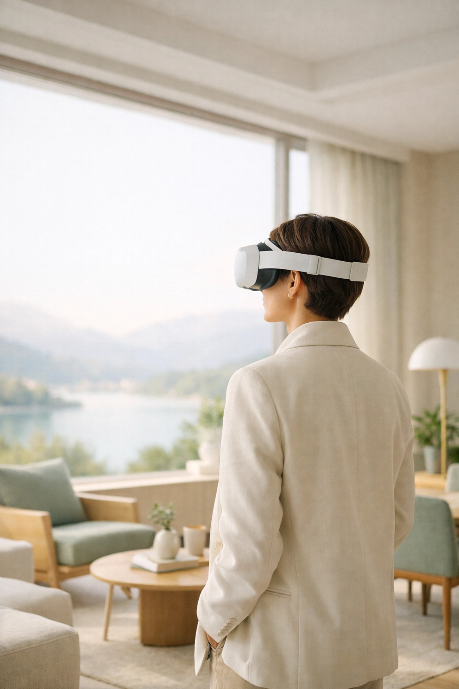 Traveler using a VR headset to explore immersive virtual hotel rooms and destinations before booking.