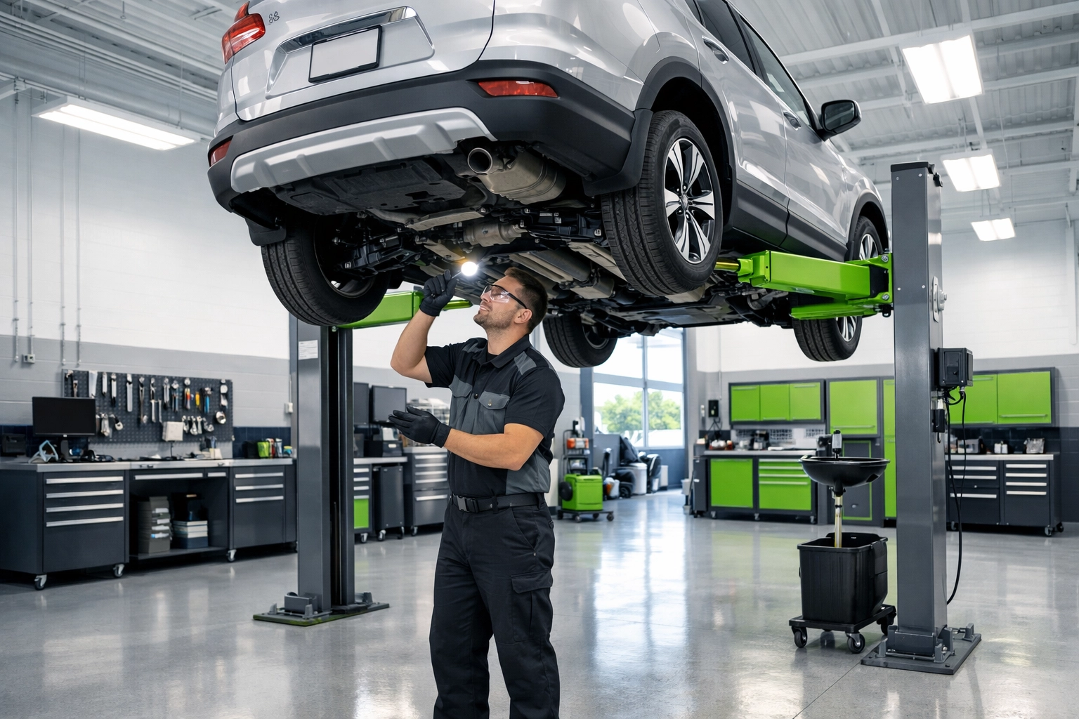 Expert mechanic performing a vehicle undercarriage inspection at a trusted Alexandria VA auto repair shop.