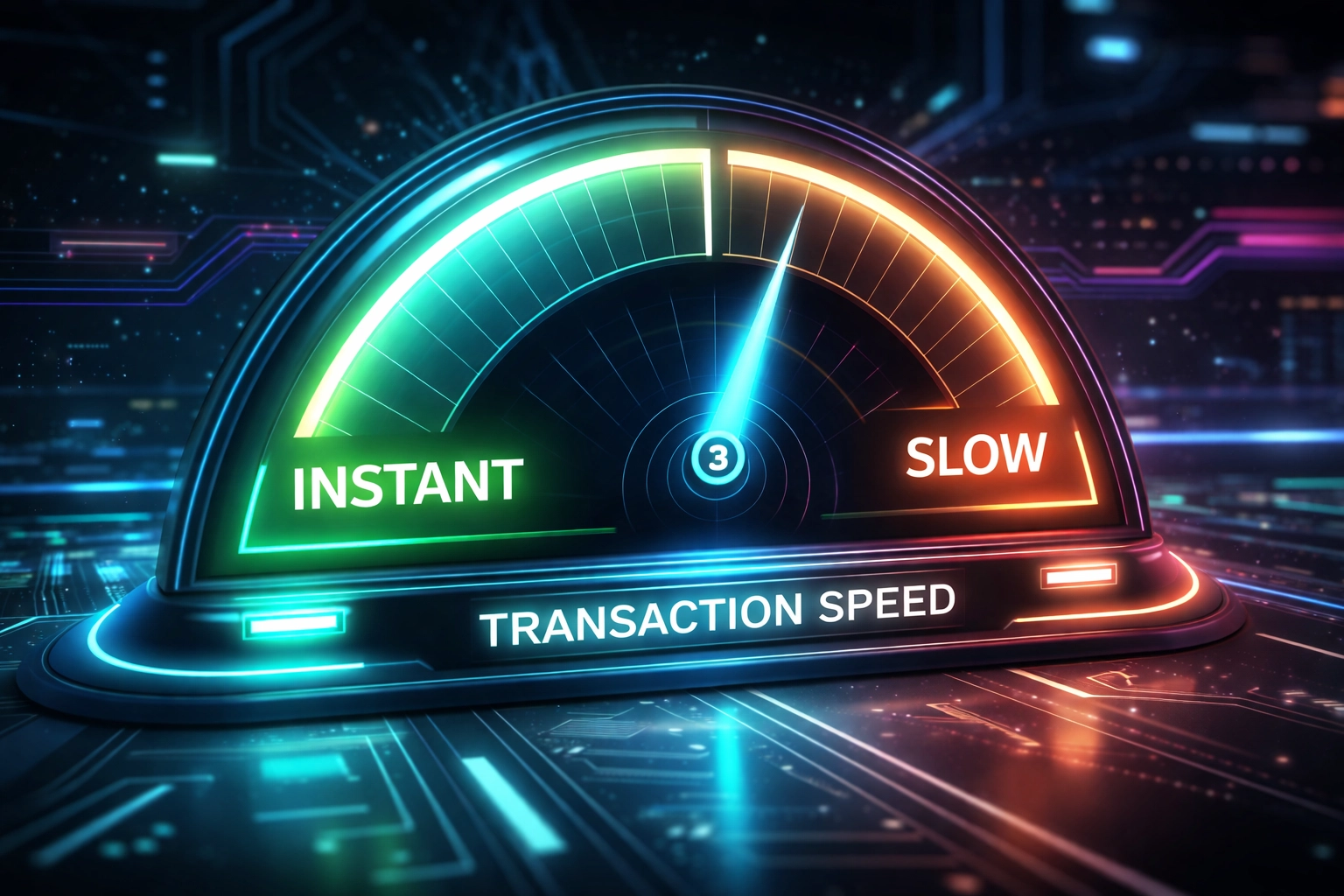 Digital gauge comparing crypto payment speeds, highlighting instant Solana-based processing versus slower alternatives