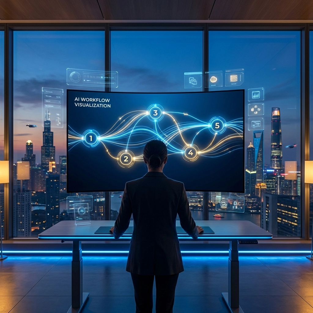 Mitarbeiter analysiert Schritt-für-Schritt KI-Workflow am Bildschirm, zeigt Struktur und Erfolg von KI Prompts für Einsteiger.