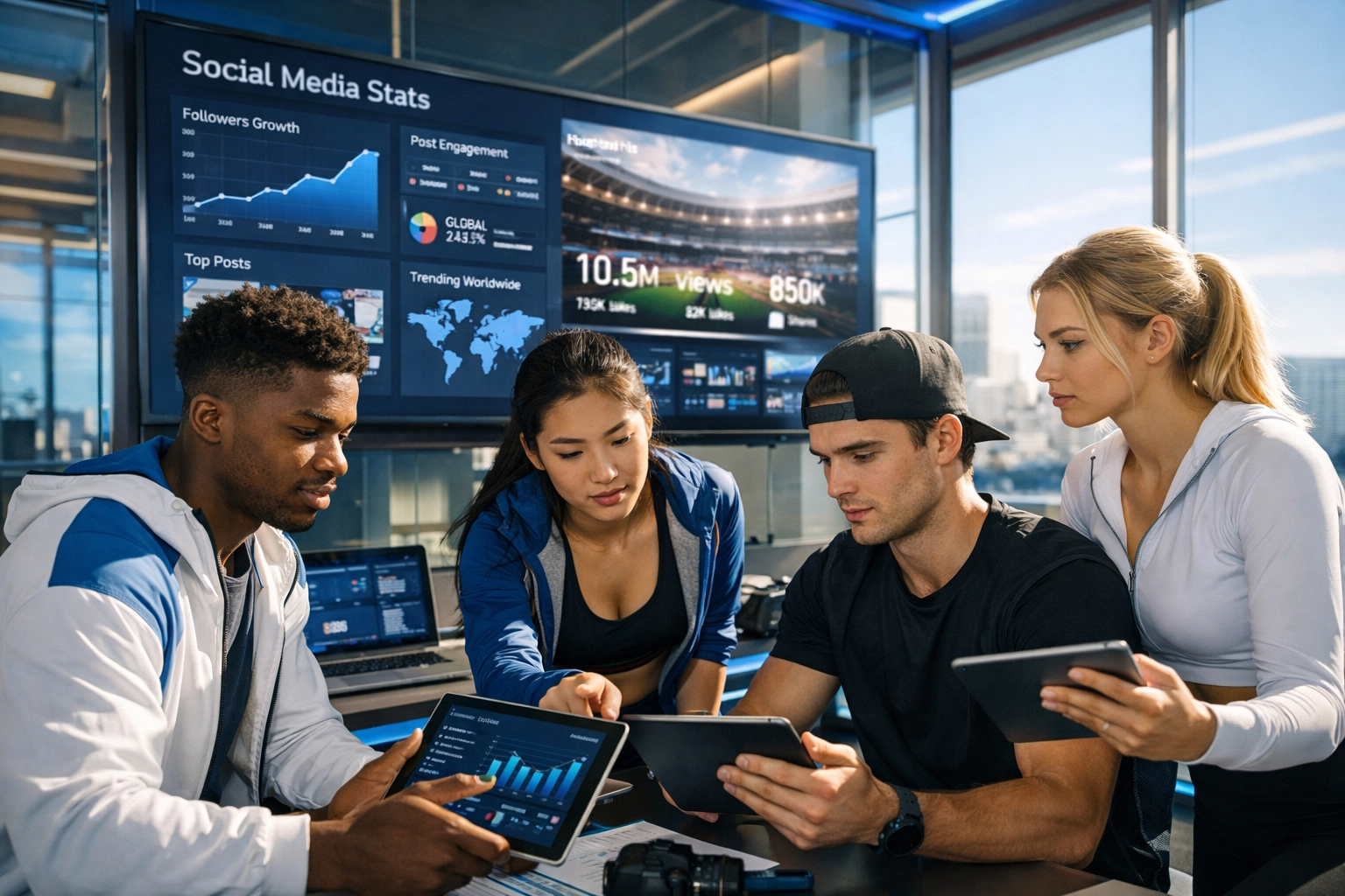 Student-athletes collaborating on social media content strategy for Super Bowl 2026 NIL activations.