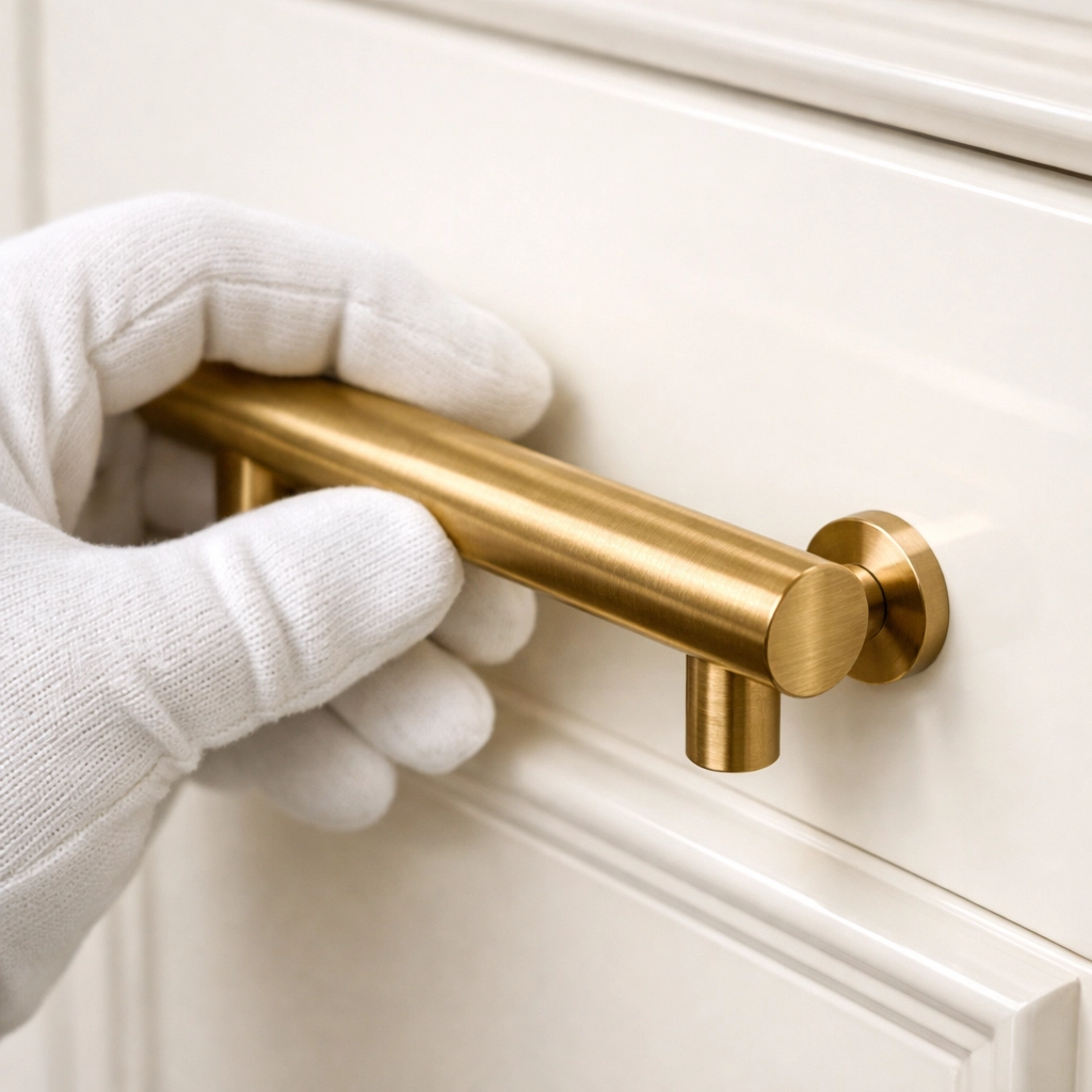 Professional kitchen cabinet painting in Austin with a smooth off-white finish and brass hardware.