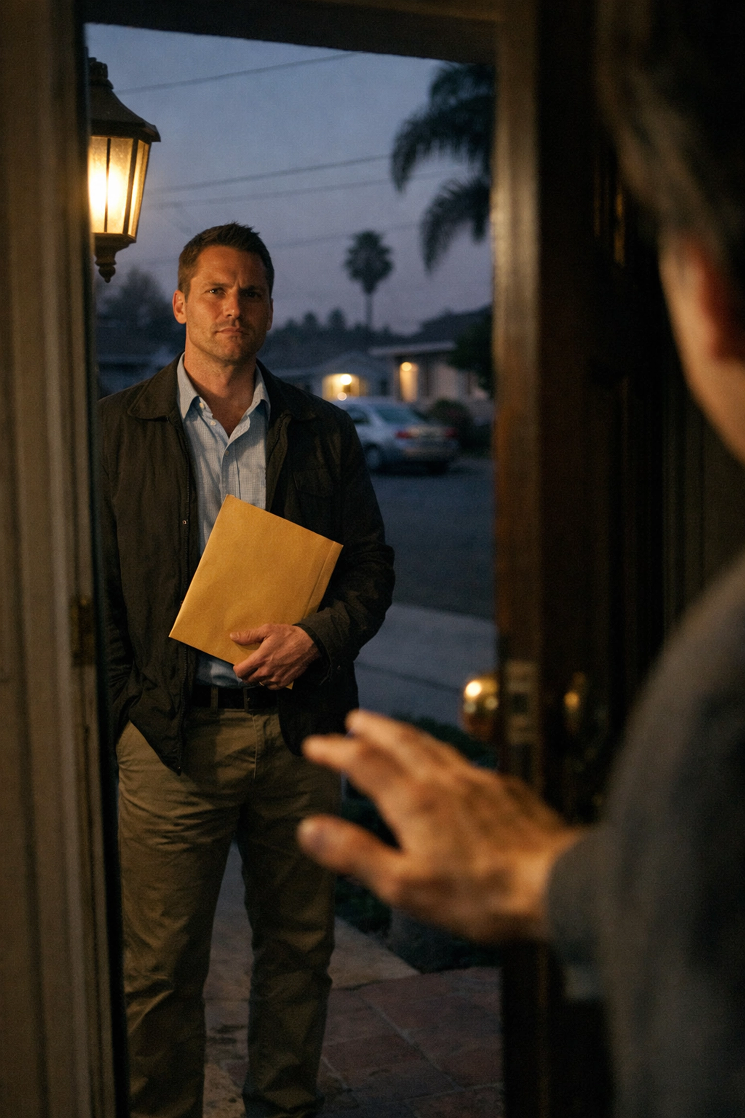 Beyond the Door: High-Risk Process Service for California's Bilingual Community / Más Allá de la Puerta: Servicio de Procesos de Alto Riesgo para la Comunidad Bilingüe de California High-risk process server delivering legal documents at California residence at dusk