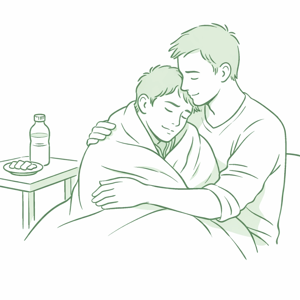 Aftercare scene with MM couple showing nurturing care and emotional intimacy after pup play