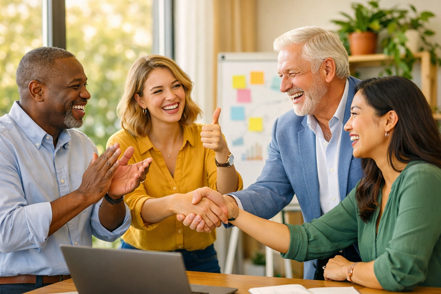 Diverse workplace team celebrating success and acknowledging wins together in office