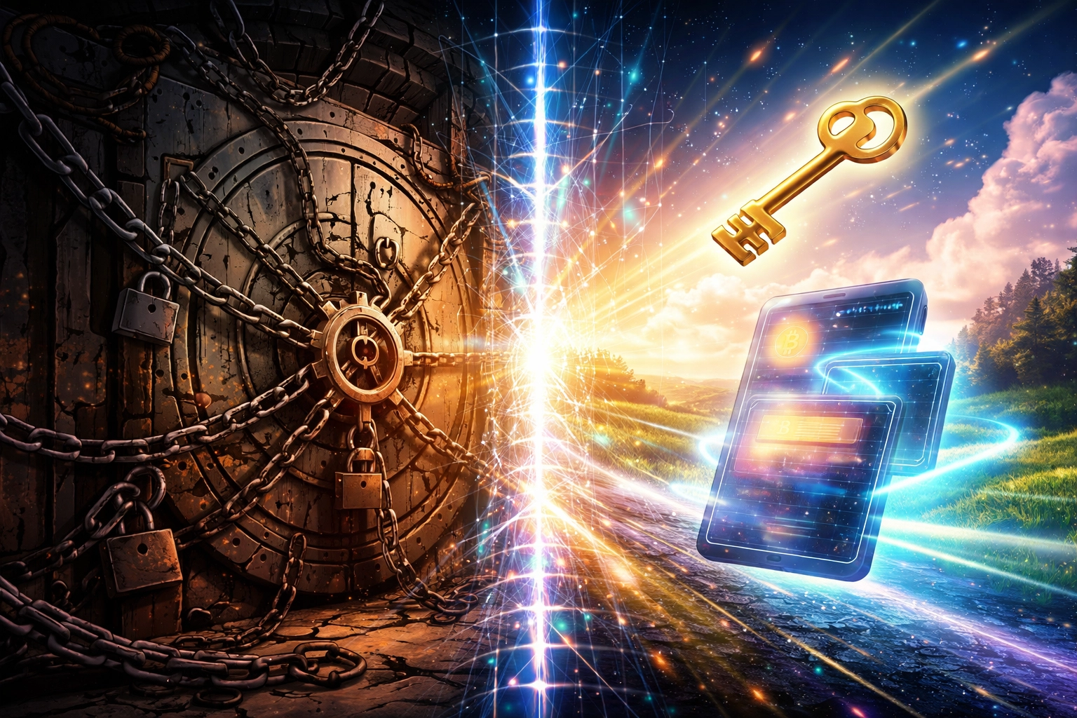 Illustration contrasting restrictive custodial payment systems with the freedom of self-custody crypto payments.