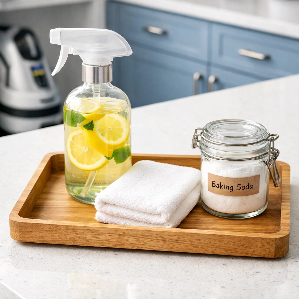 Eco-friendly, non-toxic cleaning products on a luxury Concord kitchen island for pet-safe sanitization.