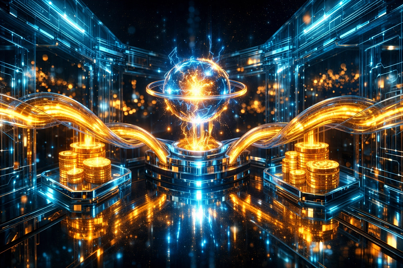 Digital vault with flowing coins representing high-speed LUSD stablecoin transactions and merchant fee savings.