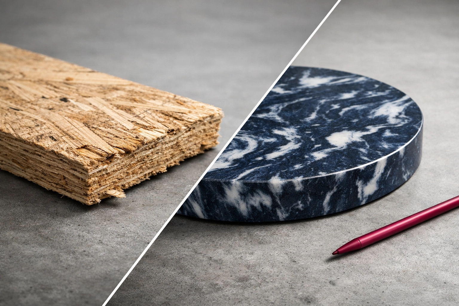 Comparing splintering timber with a durable, marbled recycled HDPE plastic panel for sustainable construction.