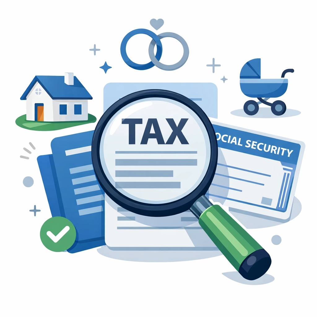 Magnifying glass over tax documents and icons representing life changes that impact your 2026 filing status.