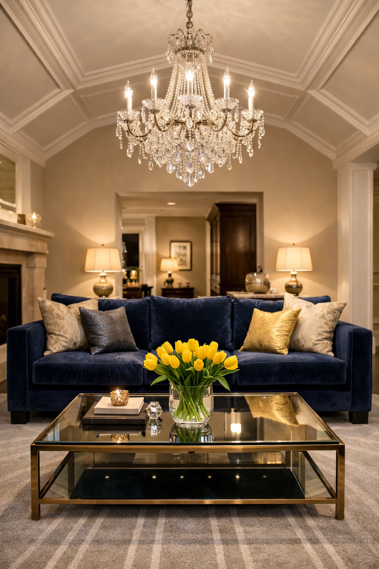 Spotless luxury living room with a crystal chandelier and vacuumed rug, reflecting premium Milton Estate Care results.