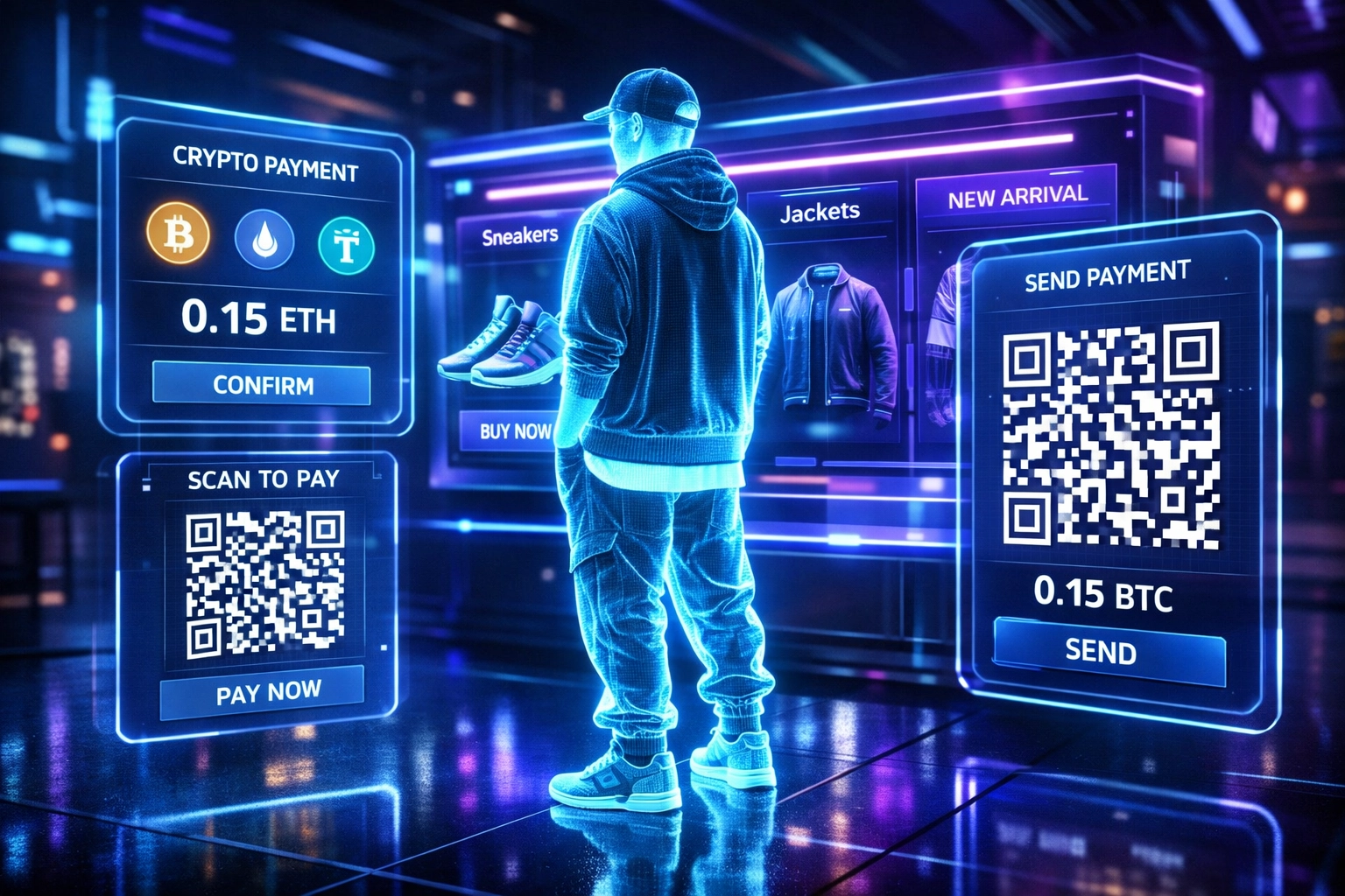Avatar shopping in virtual metaverse storefront with crypto payment interface and QR code system