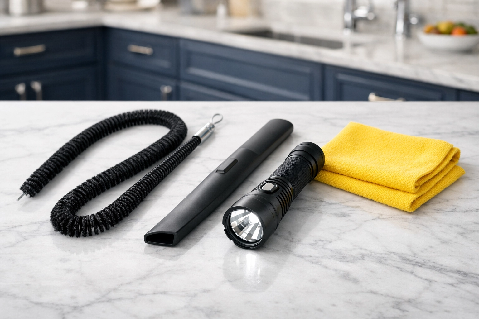 Refrigerator maintenance tools like a coil brush and vacuum attachment arranged on a clean countertop.