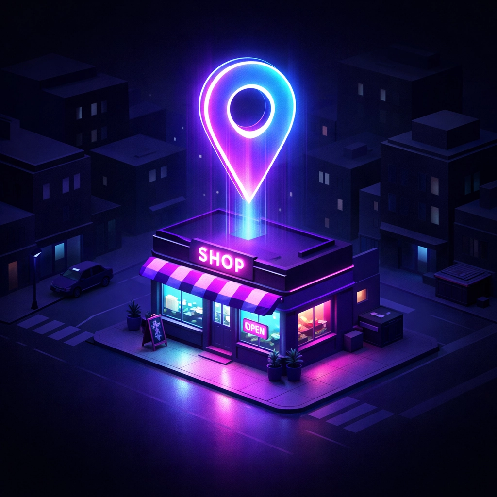 A glowing storefront beacon showing how local SEO helps businesses win near me searches.