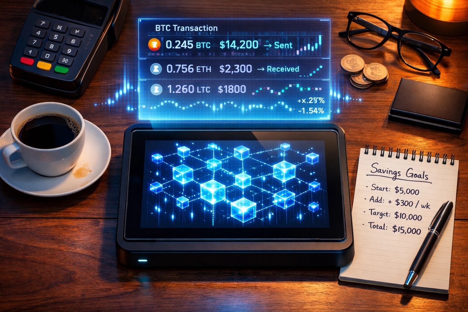 Small business desk with crypto POS tablet displaying blockchain transaction data and fee savings