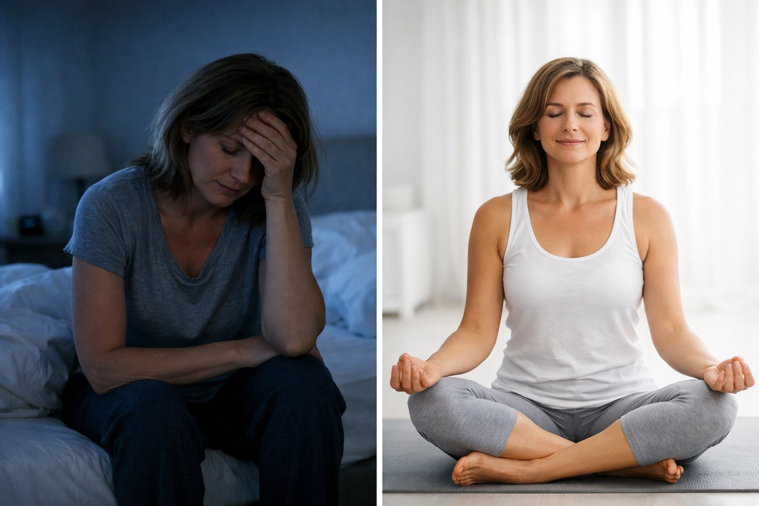 Perimenopause hormonal changes showing exhausted woman contrasted with calm, centered woman feeling better Perimenopause hormonal changes showing exhausted woman contrasted with calm, centered woman feeling better