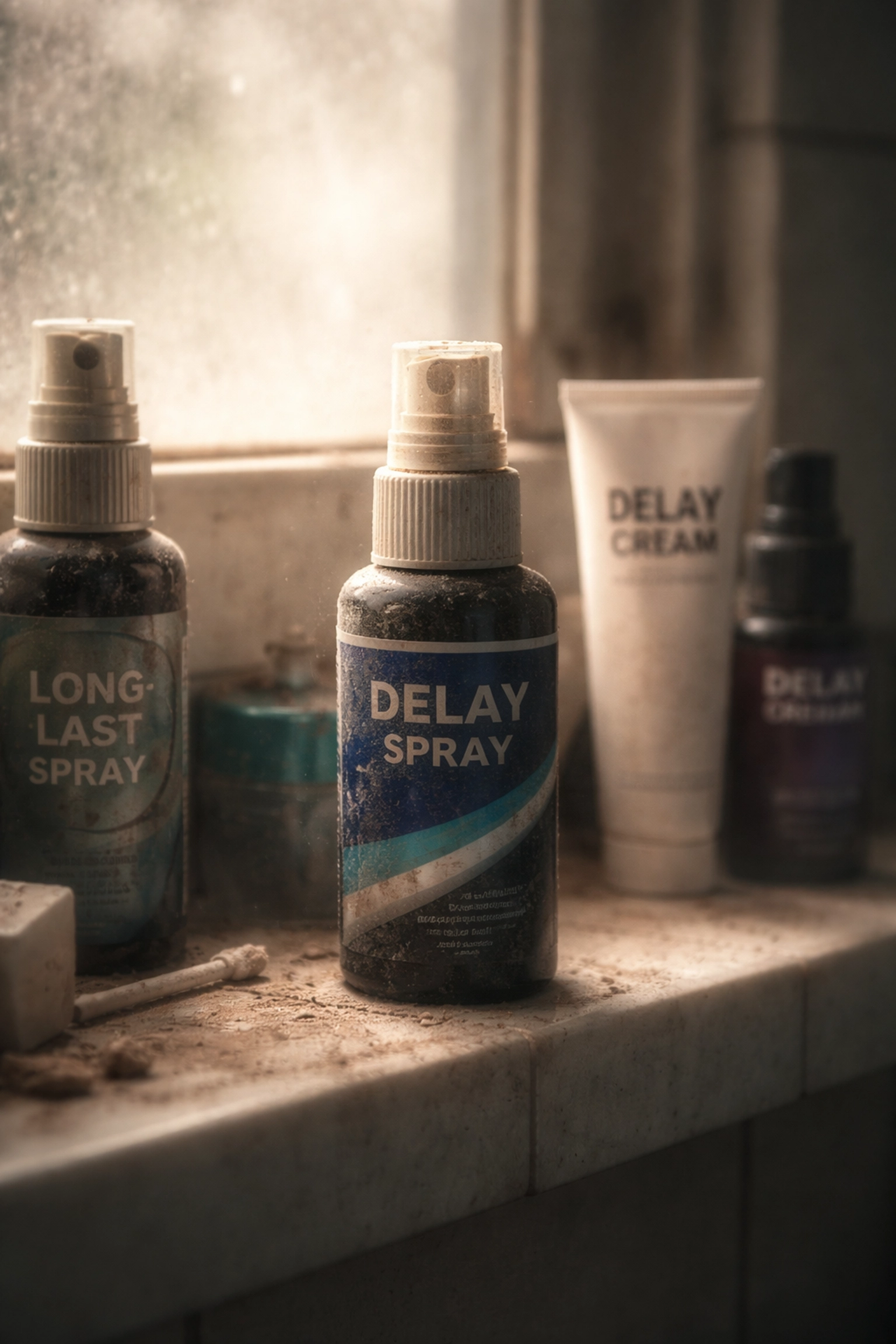 Késleltető spray-k és krémek poros üvegpolcon; a korai magömlés tüneti kezelései és gyors megoldások kritikája.