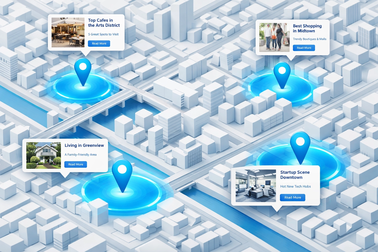 Local SEO neighborhood targeting with location pins on city map