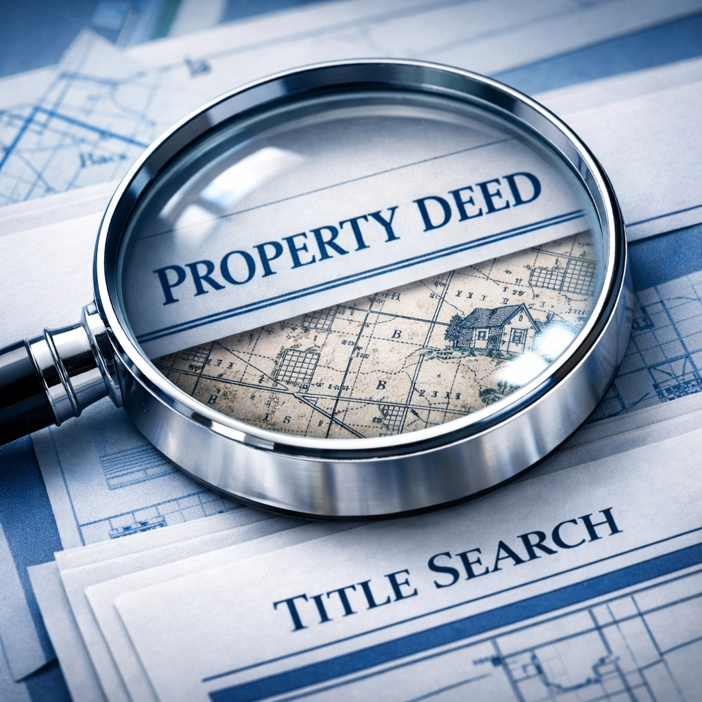 A magnifying glass inspecting real estate deeds during a professional title search for hidden defects.