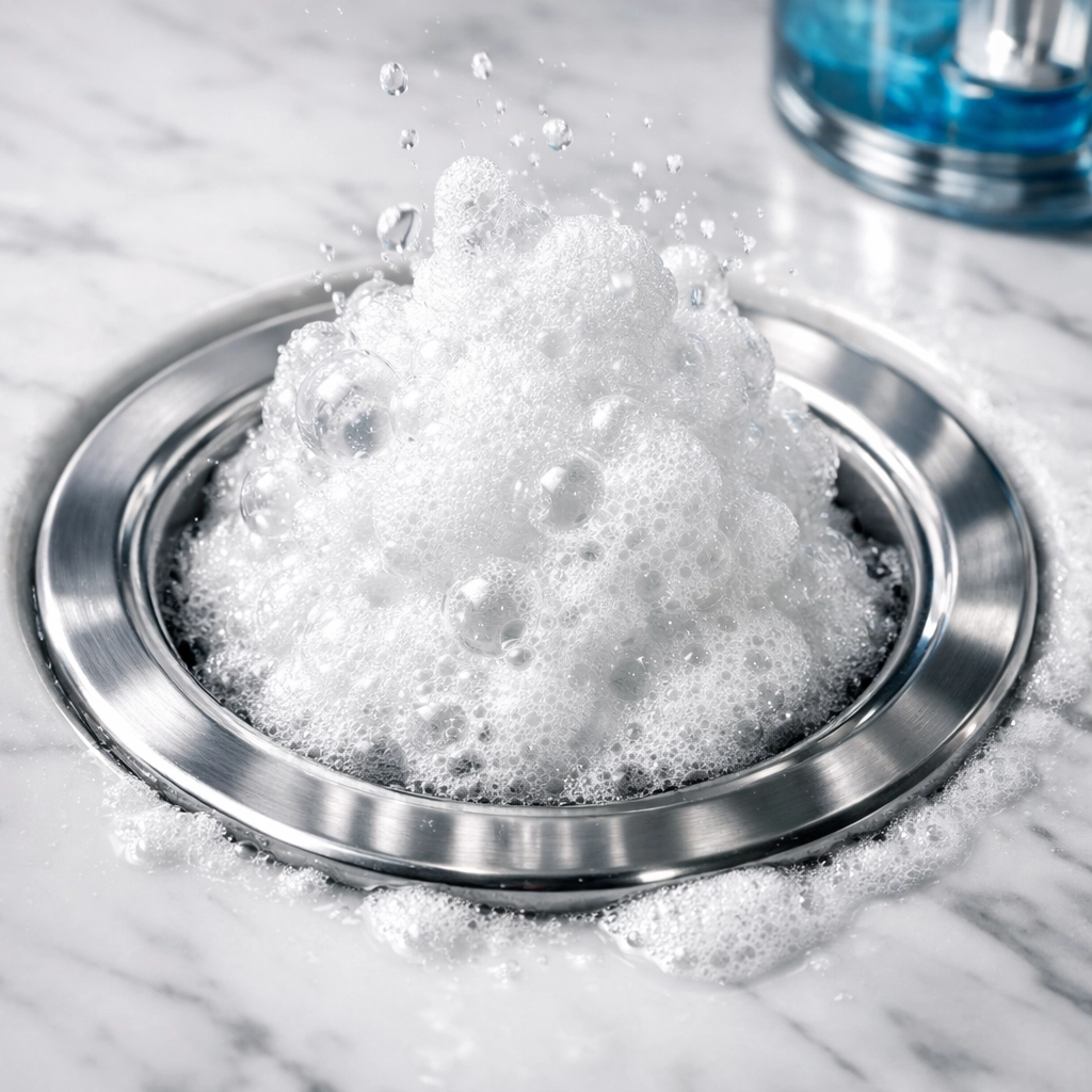 Baking soda and vinegar reacting in a stainless steel kitchen drain to clear clogs.