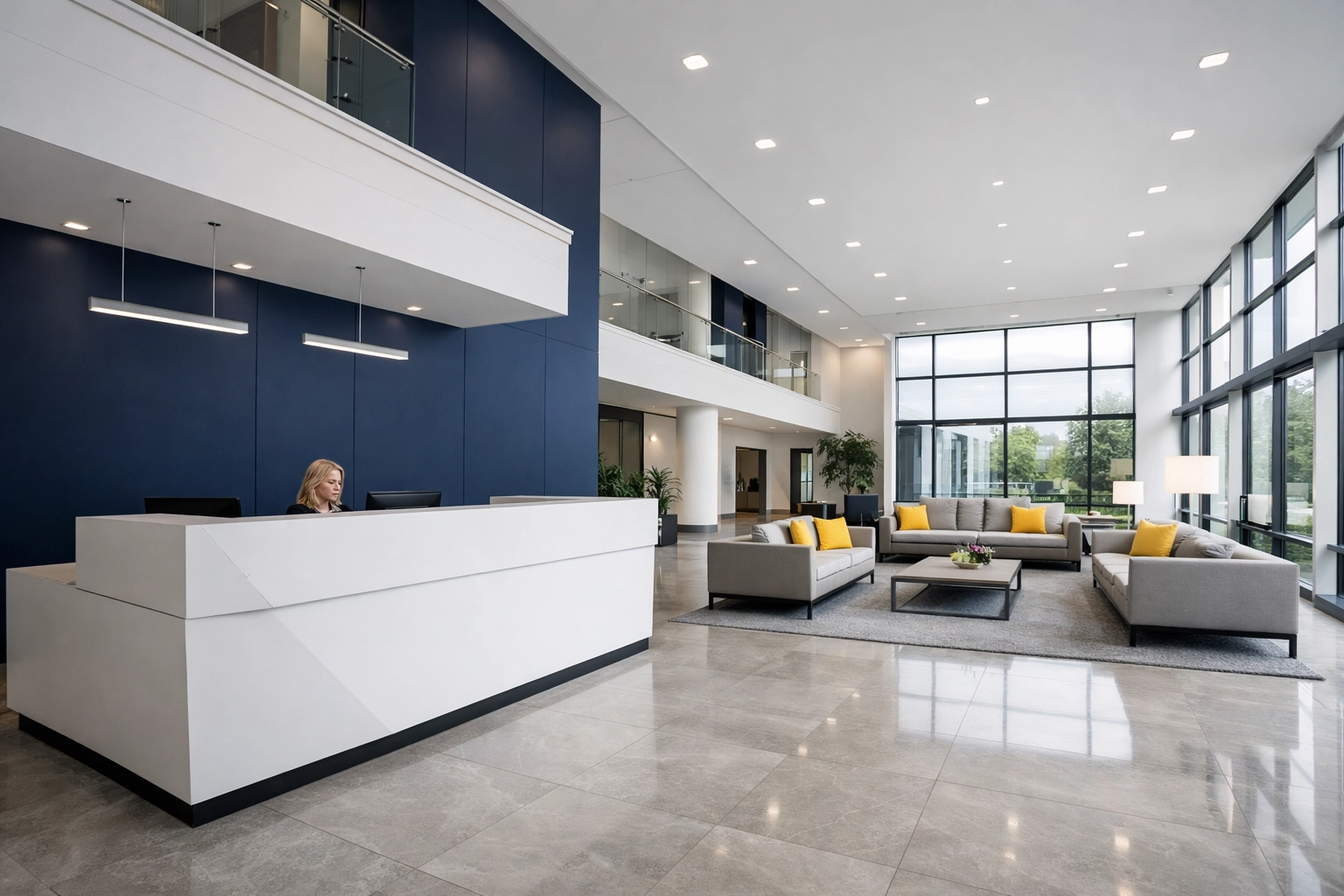 Impeccably clean and organized corporate lobby reflecting professional janitorial standards in Stoneham.